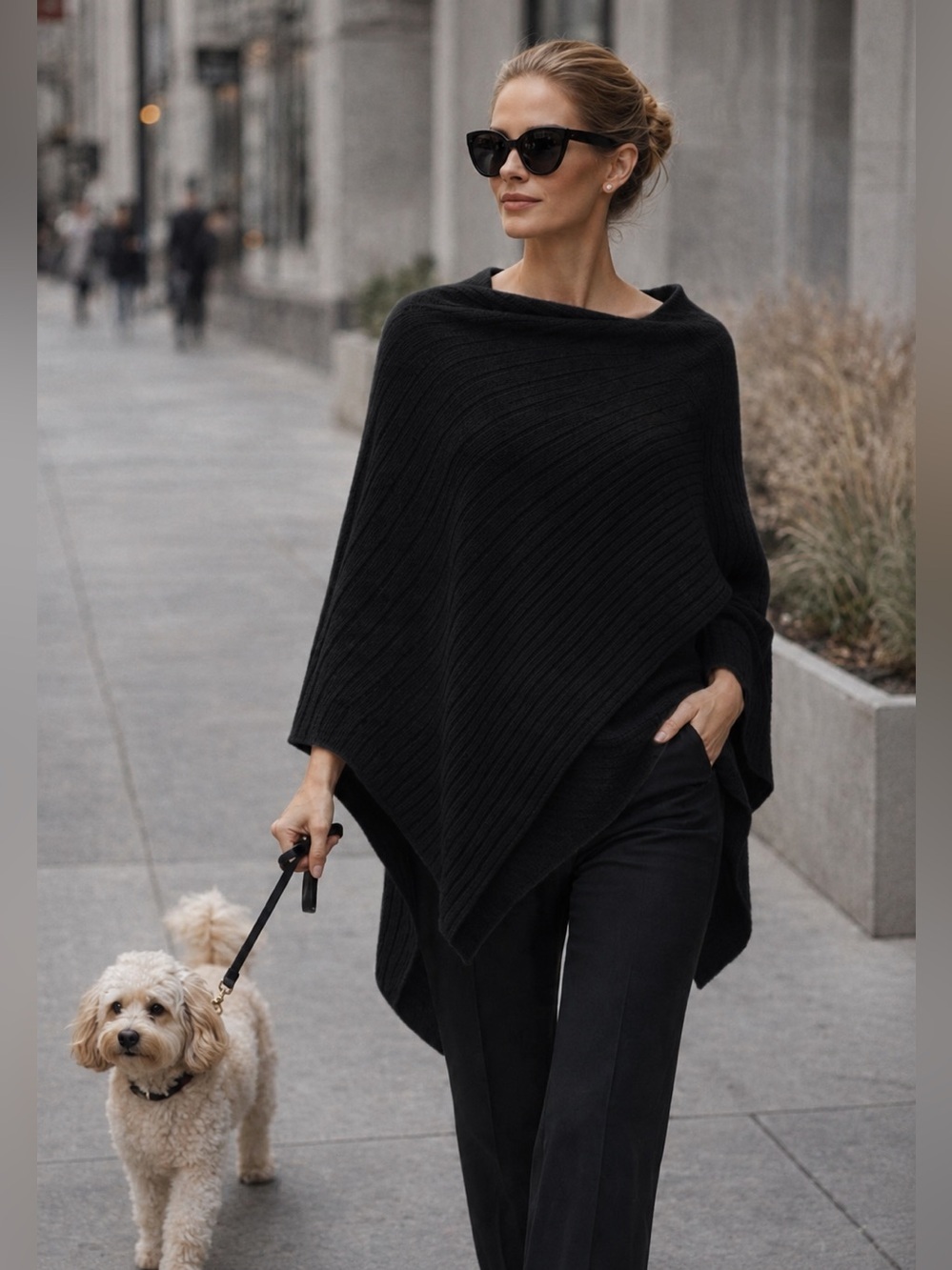 Beryll Laurie 100% Cashmere Asymmetrical Ribbed Poncho Sweater Black